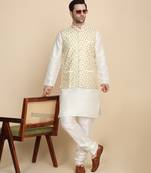 Silk blend solid cream kurta and churidar with zari embroidered cream nehru jacket
