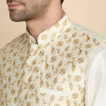 Silk blend solid cream kurta and churidar with zari embroidered cream nehru jacket 2