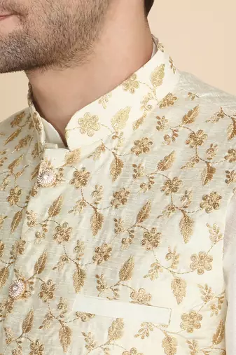Silk blend solid cream kurta and churidar with zari embroidered cream nehru jacket