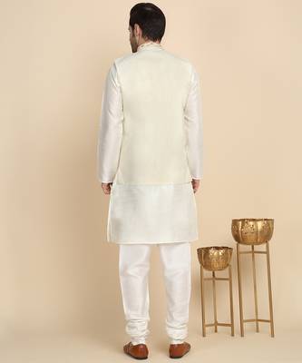 Silk blend solid cream kurta and churidar with zari embroidered cream nehru jacket 3