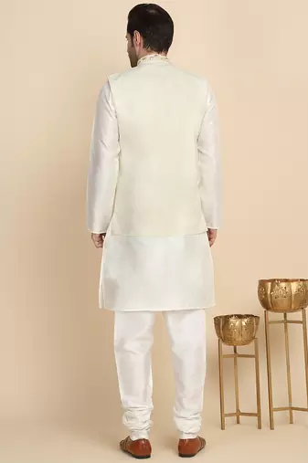 Silk blend solid cream kurta and churidar with zari embroidered cream nehru jacket