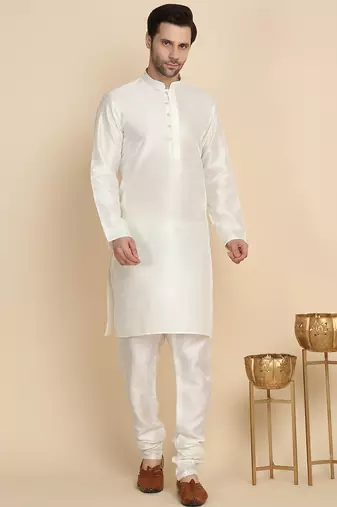 Silk blend solid cream kurta and churidar with zari embroidered cream nehru jacket