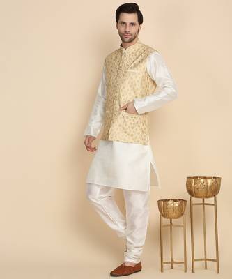 Silk blend solid cream kurta and churidar with zari embroidered beige nehru jacket 1