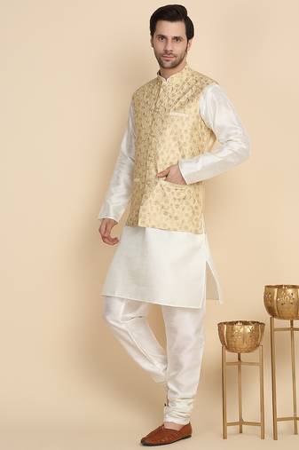 Silk blend solid cream kurta and churidar with zari embroidered beige nehru jacket