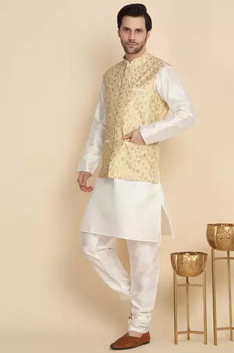 Silk blend solid cream kurta and churidar with zari embroidered beige nehru jacket