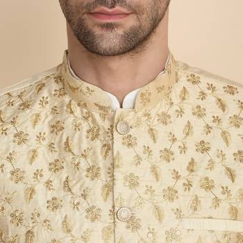 Silk blend solid cream kurta and churidar with zari embroidered beige nehru jacket 2