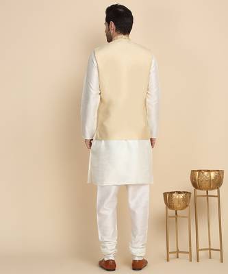Silk blend solid cream kurta and churidar with zari embroidered beige nehru jacket 3