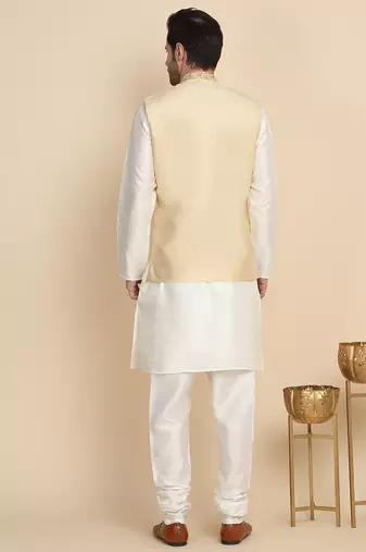 Silk blend solid cream kurta and churidar with zari embroidered beige nehru jacket