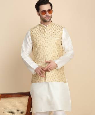 Silk blend solid cream kurta and churidar with zari embroidered beige nehru jacket 4