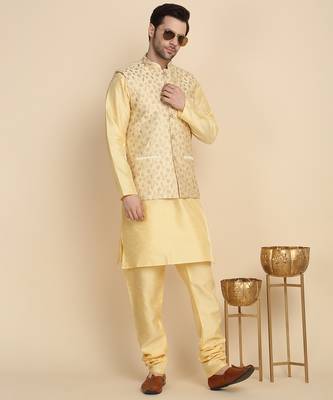 Silk blend solid beige kurta and churidar with zari embroidered beige nehru jacket 1
