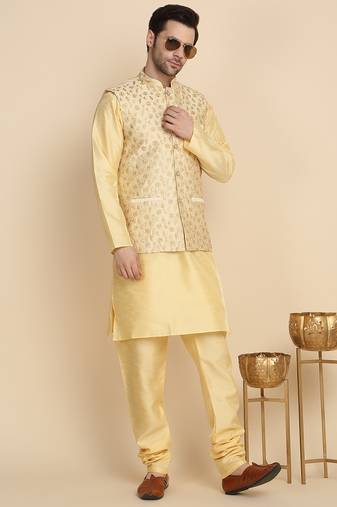 Silk blend solid beige kurta and churidar with zari embroidered beige nehru jacket