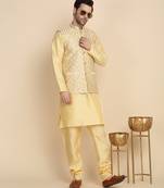 Silk blend solid beige kurta and churidar with zari embroidered beige nehru jacket