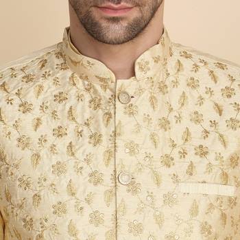 Silk blend solid beige kurta and churidar with zari embroidered beige nehru jacket 2
