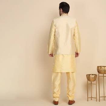 Silk blend solid beige kurta and churidar with zari embroidered beige nehru jacket 3