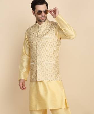 Silk blend solid beige kurta and churidar with zari embroidered beige nehru jacket 4