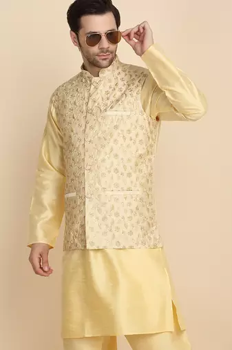 Silk blend solid beige kurta and churidar with zari embroidered beige nehru jacket