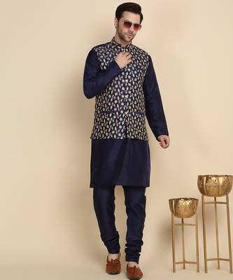 Silk blend solid navy blue kurta and churidar with zari embroidered navy blue nehru jacket 1