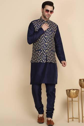 Silk blend solid navy blue kurta and churidar with zari embroidered navy blue nehru jacket