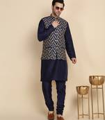 Silk blend solid navy blue kurta and churidar with zari embroidered navy blue nehru jacket