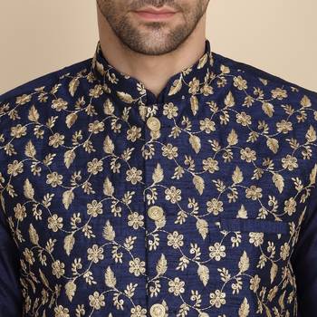 Silk blend solid navy blue kurta and churidar with zari embroidered navy blue nehru jacket 2