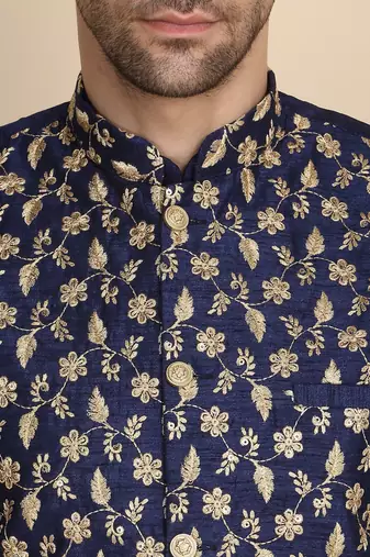 Silk blend solid navy blue kurta and churidar with zari embroidered navy blue nehru jacket