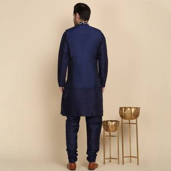 Silk blend solid navy blue kurta and churidar with zari embroidered navy blue nehru jacket 3