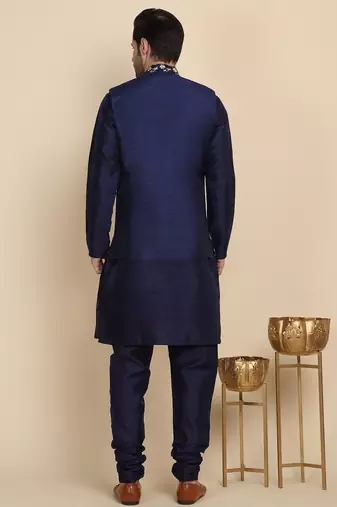 Silk blend solid navy blue kurta and churidar with zari embroidered navy blue nehru jacket