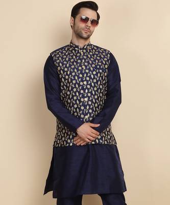 Silk blend solid navy blue kurta and churidar with zari embroidered navy blue nehru jacket 4