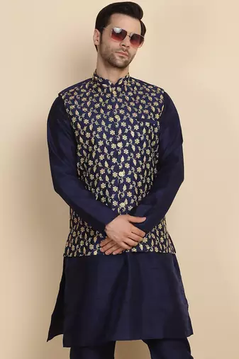 Silk blend solid navy blue kurta and churidar with zari embroidered navy blue nehru jacket