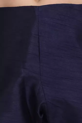 Silk blend solid navy blue kurta and churidar with zari embroidered navy blue nehru jacket