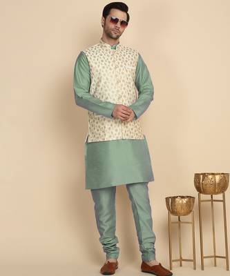 Silk blend solid olive green kurt and churidar with zari embroidered cream nehru jacket 1