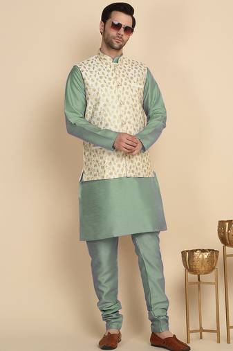 Silk blend solid olive green kurt and churidar with zari embroidered cream nehru jacket