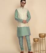 Silk blend solid olive green kurt and churidar with zari embroidered cream nehru jacket