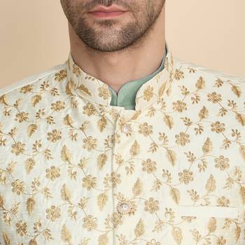 Silk blend solid olive green kurt and churidar with zari embroidered cream nehru jacket 2