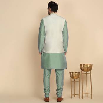 Silk blend solid olive green kurt and churidar with zari embroidered cream nehru jacket 3