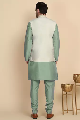 Silk blend solid olive green kurt and churidar with zari embroidered cream nehru jacket