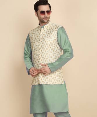 Silk blend solid olive green kurt and churidar with zari embroidered cream nehru jacket 4