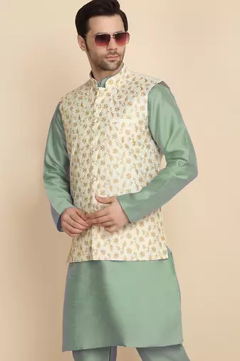 Silk blend solid olive green kurt and churidar with zari embroidered cream nehru jacket