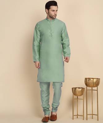Silk blend solid olive green kurt and churidar with zari embroidered cream nehru jacket 5