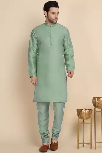 Silk blend solid olive green kurt and churidar with zari embroidered cream nehru jacket