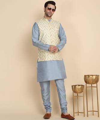 Silk blend solid sky blue kurta and churidar with zari embroidered cream nehru jacket 1