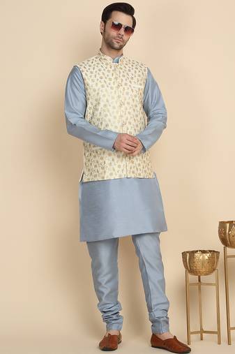 Silk blend solid sky blue kurta and churidar with zari embroidered cream nehru jacket
