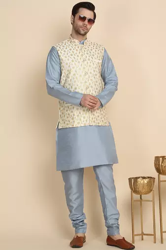 Silk blend solid sky blue kurta and churidar with zari embroidered cream nehru jacket