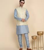 Silk blend solid sky blue kurta and churidar with zari embroidered cream nehru jacket