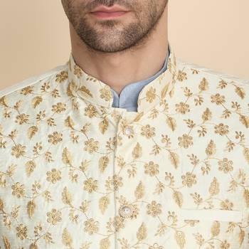 Silk blend solid sky blue kurta and churidar with zari embroidered cream nehru jacket 2