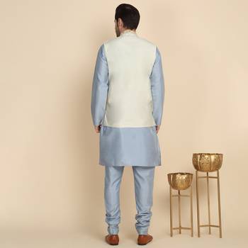 Silk blend solid sky blue kurta and churidar with zari embroidered cream nehru jacket 3