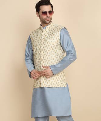 Silk blend solid sky blue kurta and churidar with zari embroidered cream nehru jacket 4