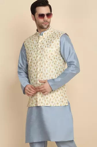 Silk blend solid sky blue kurta and churidar with zari embroidered cream nehru jacket