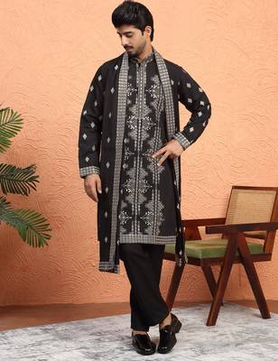Cotton silk zari sequenced embroidered black kurta and trouser pant with dupatta 1