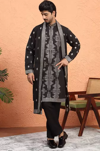 Cotton silk zari sequenced embroidered black kurta and trouser pant with dupatta